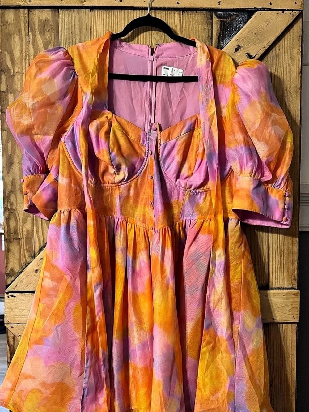 ASOS Abstract Puff Sleeve Mini Dress Pink & Orange Size 18 Like New